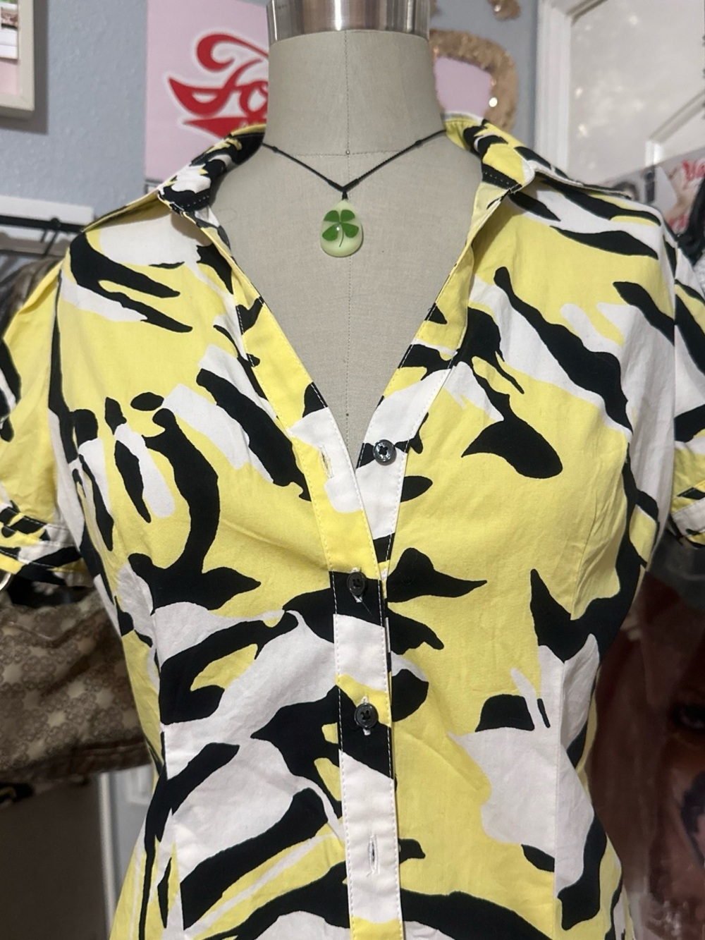 Y2K Express Yellow, Black & White Abstract Zebra Button-Down Shirt